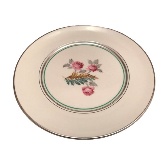 4 Pope Gosser Salad Plates Pattern 1219 Floral Design 7" Green & Platinum Bands - Picture 3 of 8